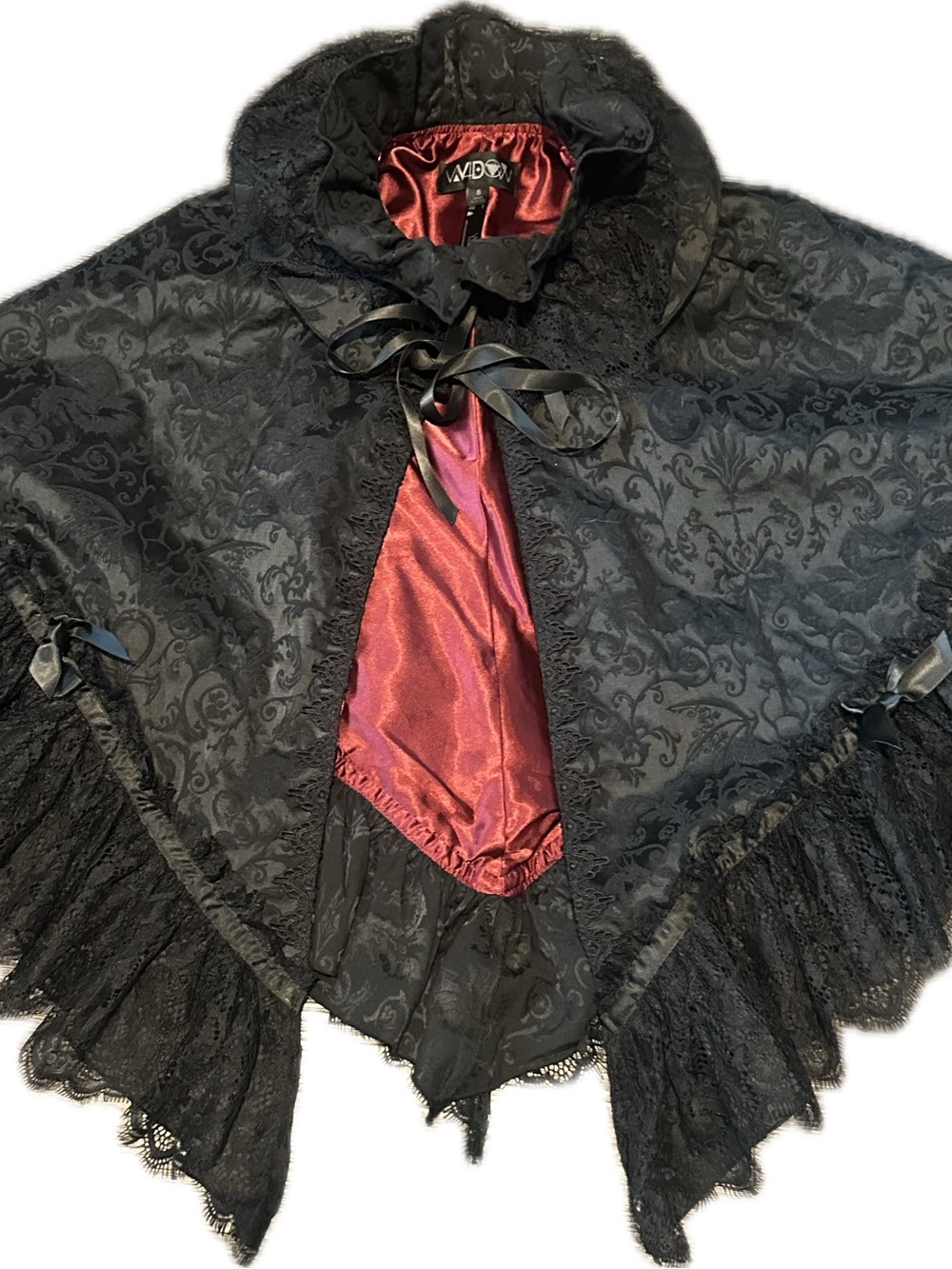 Widow Black Victorian Lace Cape with Burgundy Satin Lining